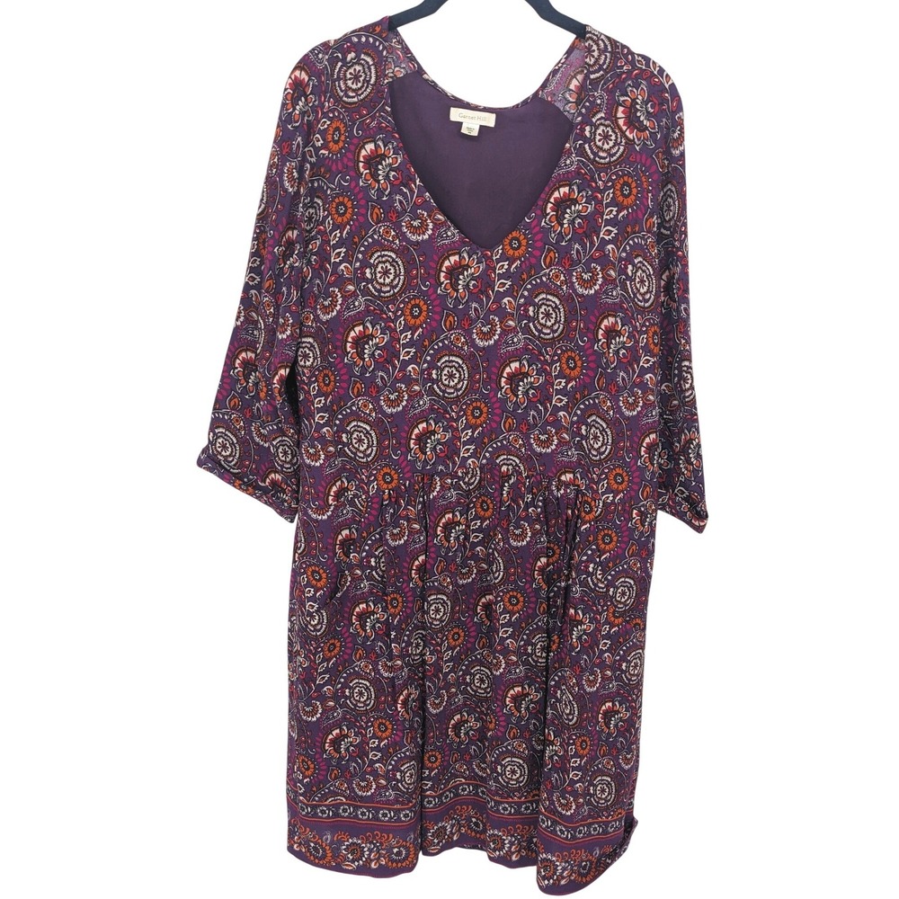 Garnet Hill Paisley Dress‎ Womens 8 Purple Floral V-Neck Pockets Boho Mature